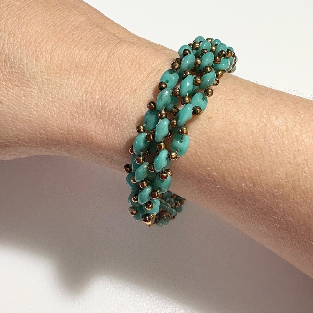 Teal and Gold Tone Seed Bead Woven Bracelet with Lobster Clasp Closure